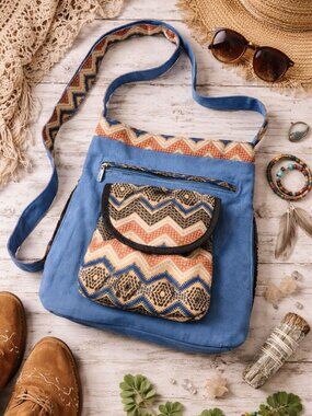 Southwest Aztec Print Crossbody Bag Blue Canvas Boho Tribal Shoulder Bag
